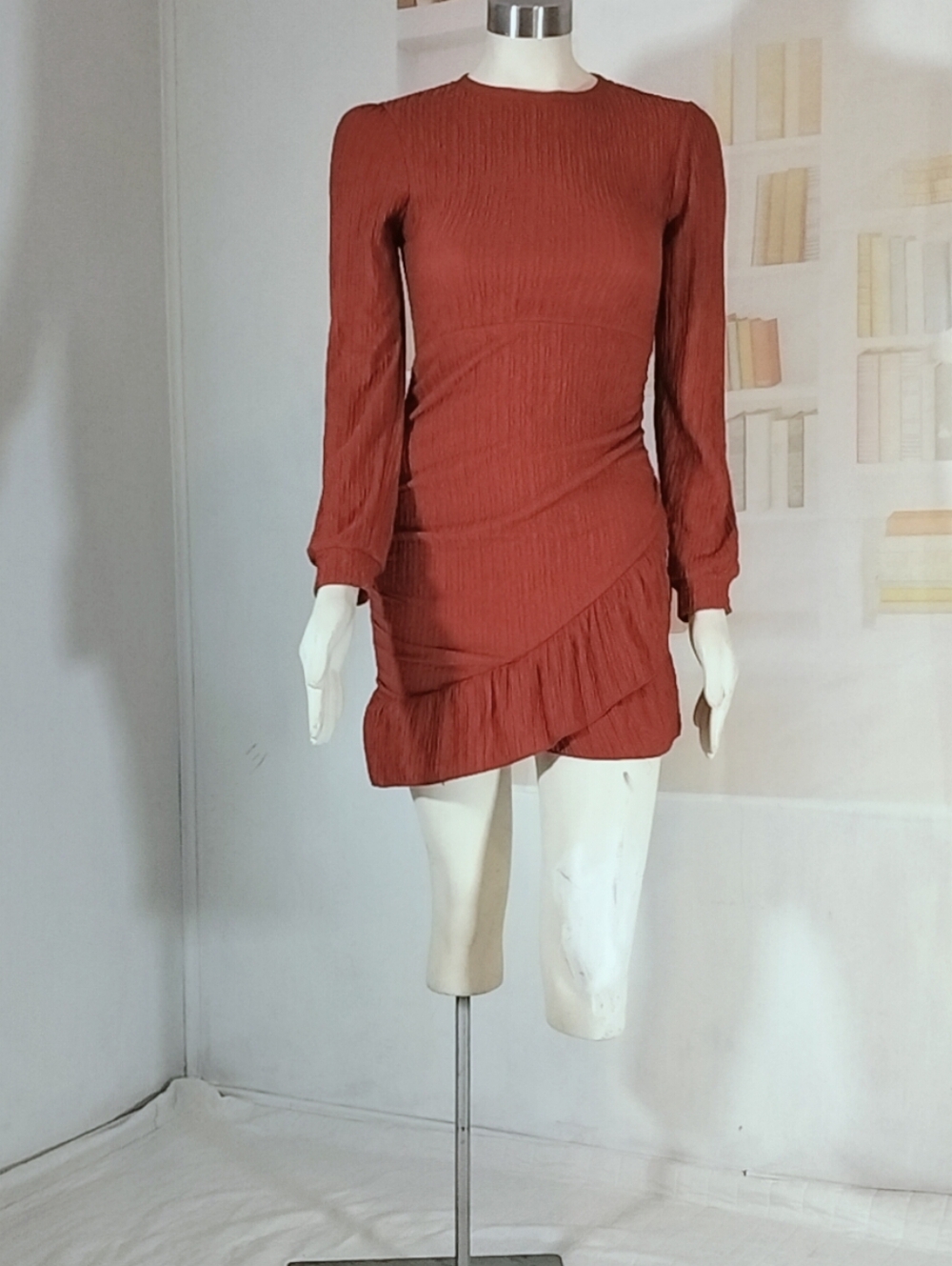 Ribbed Ruffle Hem Mini Dress in Rust
